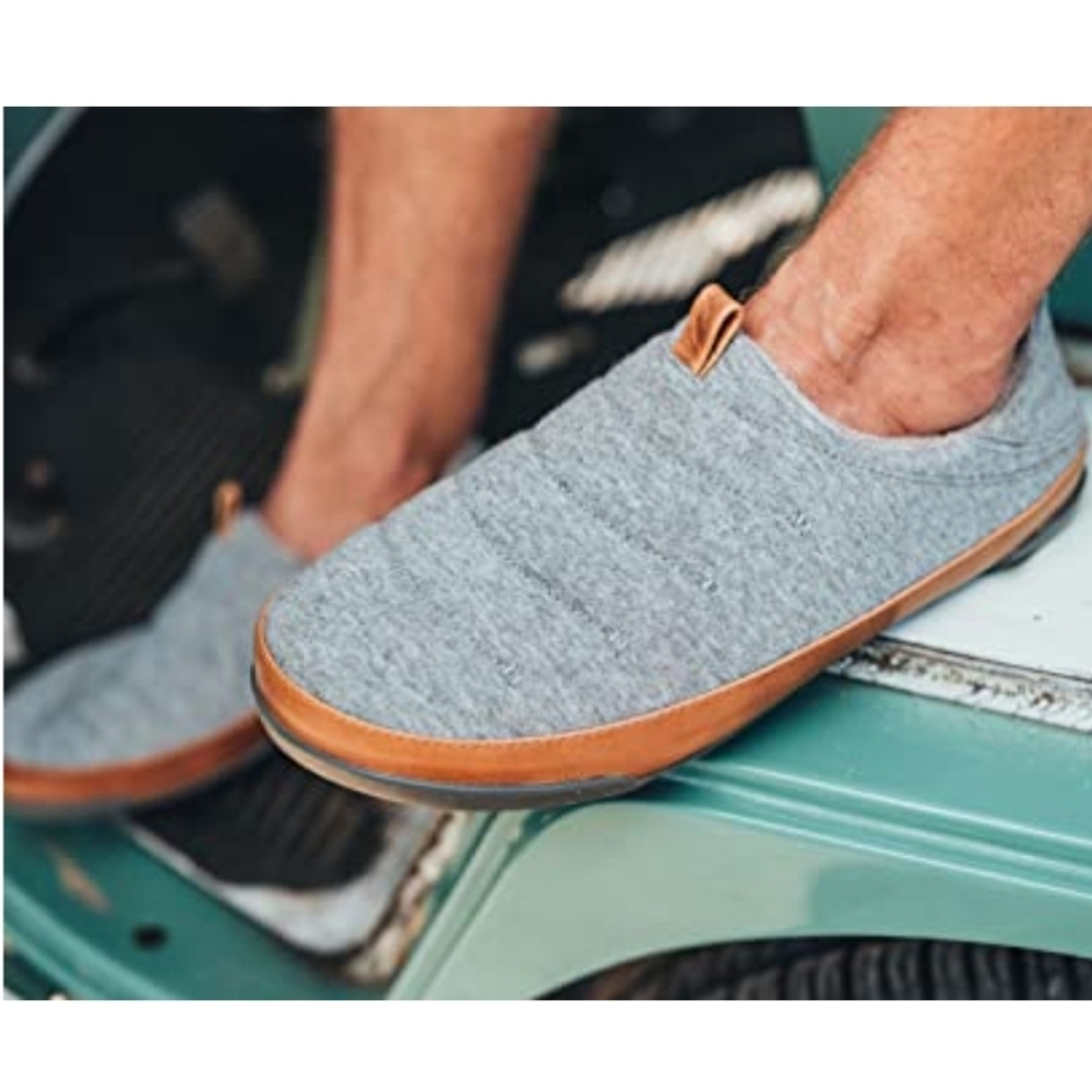 OluKai Mahana Convertible Quilted Slippers in gray.